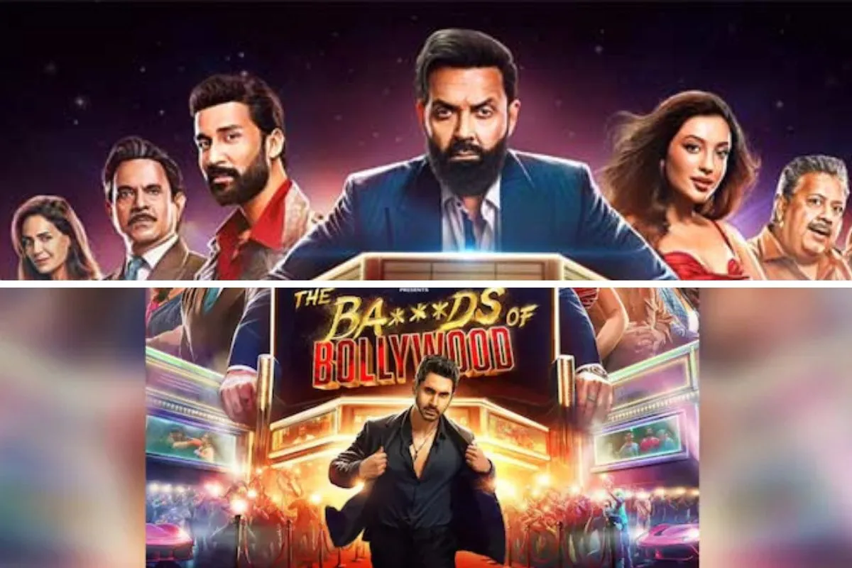 Official poster of Bads of Bollywood showing a mysterious man standing under neon city lights with bold Bollywood typography.