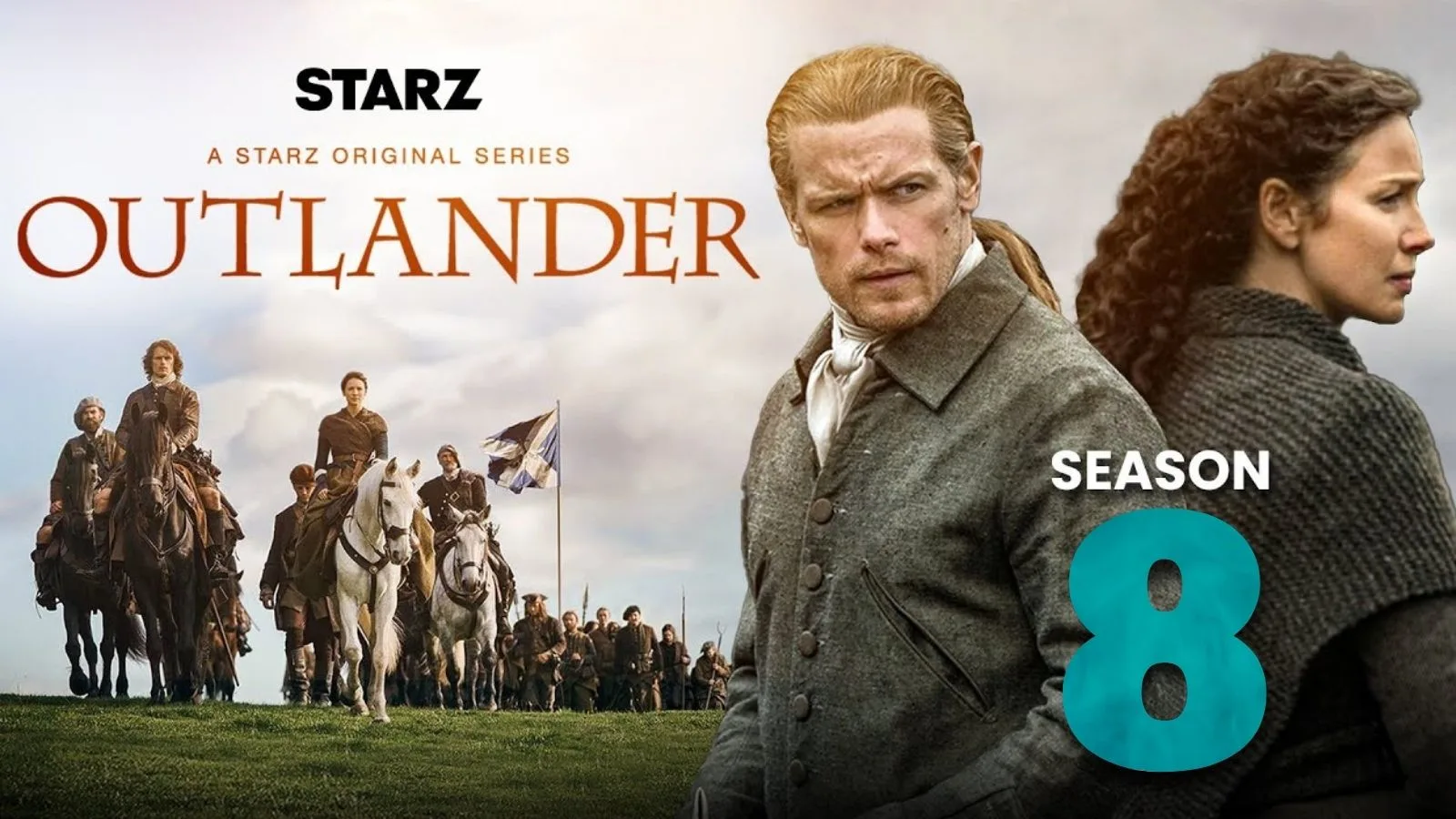 Outlander Season 8 cast poster showing main characters in historical setting