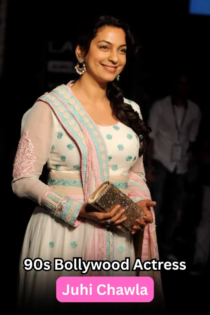 Juhi Chawla smiling in a colorful saree – popular 90s Bollywood actress with girl-next-door charm