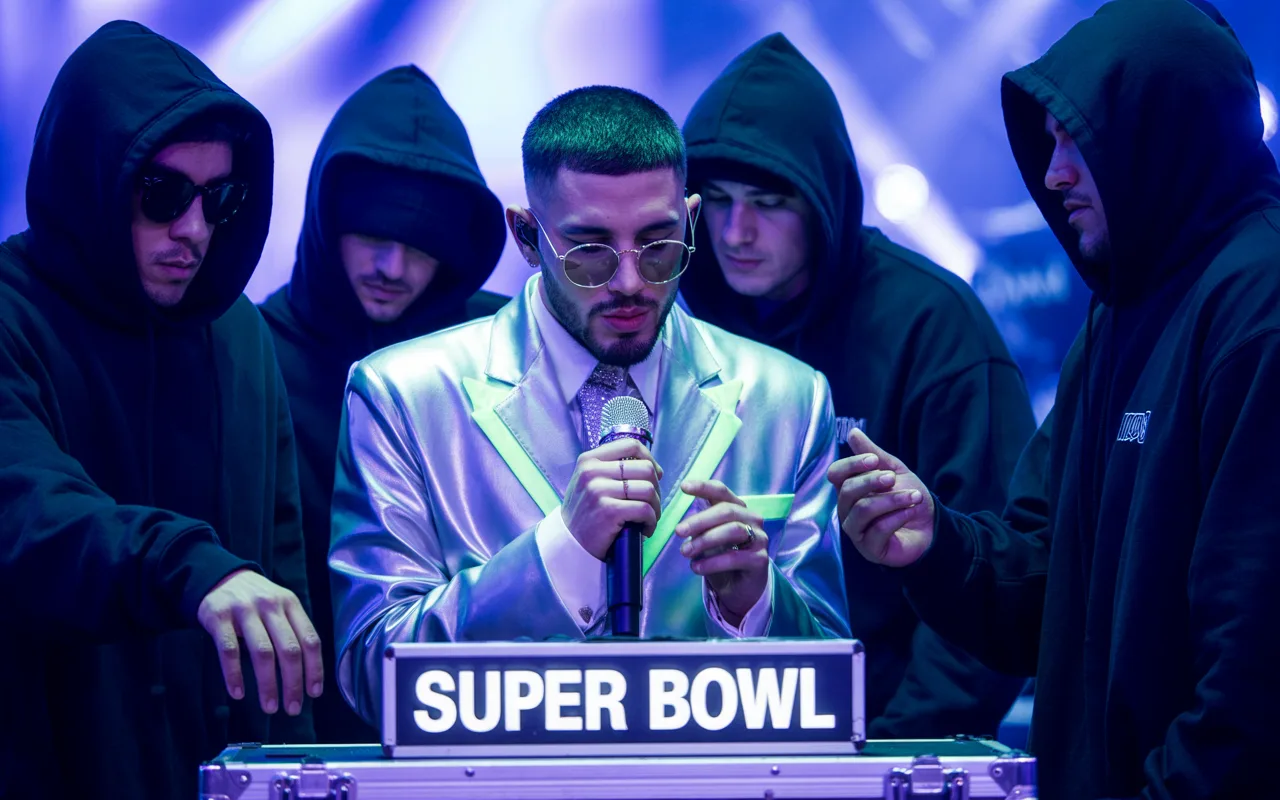 Stage lights and fireworks behind Bad Bunny at Super Bowl show