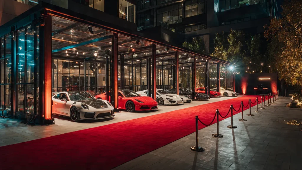 Tollywood celebrities displaying expensive cars in a luxury villa driveway.