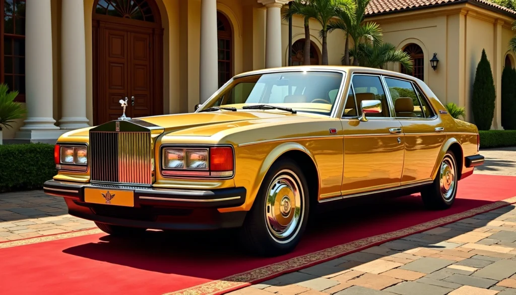 Gold-plated Rolls-Royce from the Sultan of Brunei car collection in front of a palace