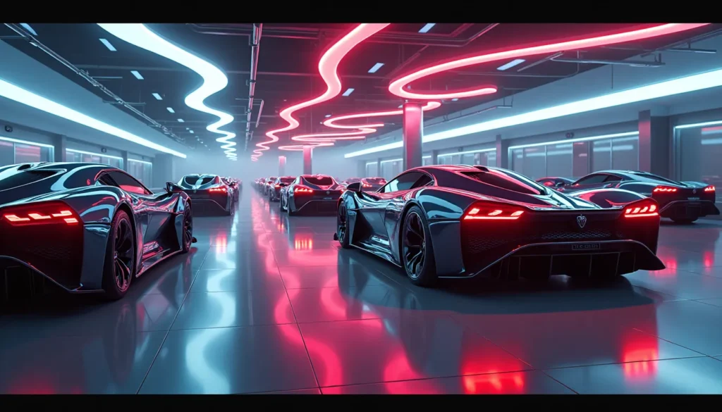 Luxury hypercars displayed in a futuristic garage owned by top celebrities.